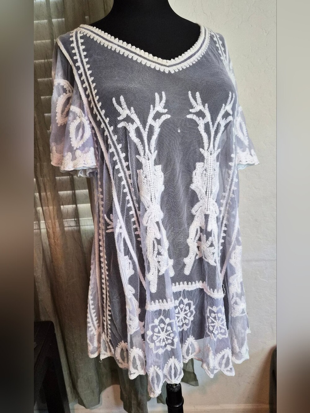 Indigo Thread Co Sheer White & Soft Violet Mesh Embroidered Tunic #0282
